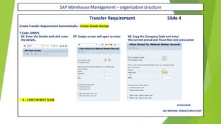 SAP Warehouse Management – organization structure
Transfer Requirement Slide 4
Create Transfer Requirement Automatically – Create Goods Receipt
T Code: MMPV
06. Enter the Details and click enter 07. Empty screen will open to enter 08. Copy the Company Code and enter
the details, the current period and Fiscal Year and press enter
X – CONT IN NEXT SLIDE
RAVIKUMAR.
SAP MM/WM SENIOR CONSULTANT
 