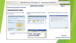 SAP Warehouse Management – organization structure
WAREHOUSE NUMBER Slide 2
Customizing of Warehouse Number
Range Maintenance – Quant,
04. Below screen will open to change 05. Below Numbers will display change the 06. Below screen will open click on continue
Click on Quant numbers
07. You will receive the Message as Changes
Were Saved
RAVIKUMAR.
SAP MM/WM SENIOR CONSULTANT
 