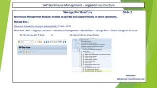 SAP Warehouse Management – organization structure
Storage Bin Structure Slide 1
Warehouse Management Module: enables to operate and support flexibly in below operations.
Storage Bins :
Creating a Storage Bin structure automatically : T Code : LS10
Menu Path : IMG-----Logistics Execution-----Warehouse Management-----Master Data-----Storage Bins-----Define Storage Bin Structure
01. We can go with T Code or 02. Menu Path as shown below
RAVIKUMAR.
SAP MM/WM SENIOR CONSULTANT
 
