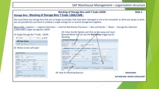 SAP Warehouse Management – organization structure
Blocking of Storage Bins with T Code LS02N Slide 1
Storage Bins : Blocking of Storage Bins T Code: LS06/LS08 :
You must block any storage bins that are no longer accessible, that have been damaged or are to be renovated, or when put aways or picks
are not possible.You can block or unblock a single storage bin or several storage bins together
Menu Path : Logistics-----Logistics Execution-----Internal Warehouse Processes-----Bins and Stocks-----Block-----Storage Bin Selection
(LS06/LS08) ( single storage bin LS02N
03. Enter the Bin Details and Click on Put away and stock
01.Single Storage Bin T Code : LS02N Removal Block You can see the Red Colour triggering for
Blocking
02. Below screen will open
Set up the Blocking reason with the
T code : In next slide
04. Asks for Blocking Reasons RAVIKUMAR.
SAP MM/WM SENIOR CONSULTANT
 