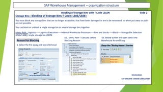SAP Warehouse Management – organization structure
Blocking of Storage Bins with T Code LS02N Slide 2
Storage Bins : Blocking of Storage Bins T Code: LS06/LS08 :
You must block any storage bins that are no longer accessible, that have been damaged or are to be renovated, or when put away or picks
are not possible.
You can block or unblock a single storage bin or several storage bins together
Menu Path : Logistics-----Logistics Execution-----Internal Warehouse Processes-----Bins and Stocks-----Block-----Storage Bin Selection
(LS06/LS08) ( single storage bin LS02N
02. Menu Path – Execute Define 03. Below screen will open select the
Reason For Blocking Blocking Reason Warehouse No and Copy
1. Select the Put away and Stock Removal
RAVIKUMAR.
SAP MM/WM SENIOR CONSULTANT
Set up the Blocking reason with
 