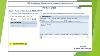SAP Warehouse Management – organization structure
Purchase Order Slide 1
Create a Purchase Order through T Code: ME21N
01. Click on T Code to create the Purchase Order 02. Press enter will receive the Empty Purchase order screen, to fill details
X – CONT IN NEXT SLIDE
RAVIKUMAR.
SAP MM/WM SENIOR CONSULTANT
 