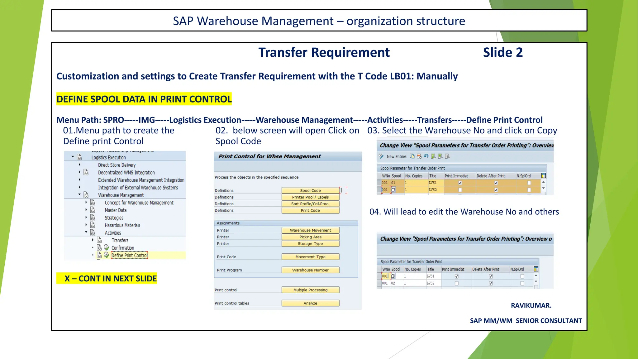 SAP Warehouse Management – organization structure
Transfer Requirement Slide 2
Customization and settings to Create Transfer Requirement with the T Code LB01: Manually
DEFINE SPOOL DATA IN PRINT CONTROL
Menu Path: SPRO-----IMG-----Logistics Execution-----Warehouse Management-----Activities-----Transfers-----Define Print Control
01.Menu path to create the 02. below screen will open Click on 03. Select the Warehouse No and click on Copy
Define print Control Spool Code
04. Will lead to edit the Warehouse No and others
X – CONT IN NEXT SLIDE
RAVIKUMAR.
SAP MM/WM SENIOR CONSULTANT
 