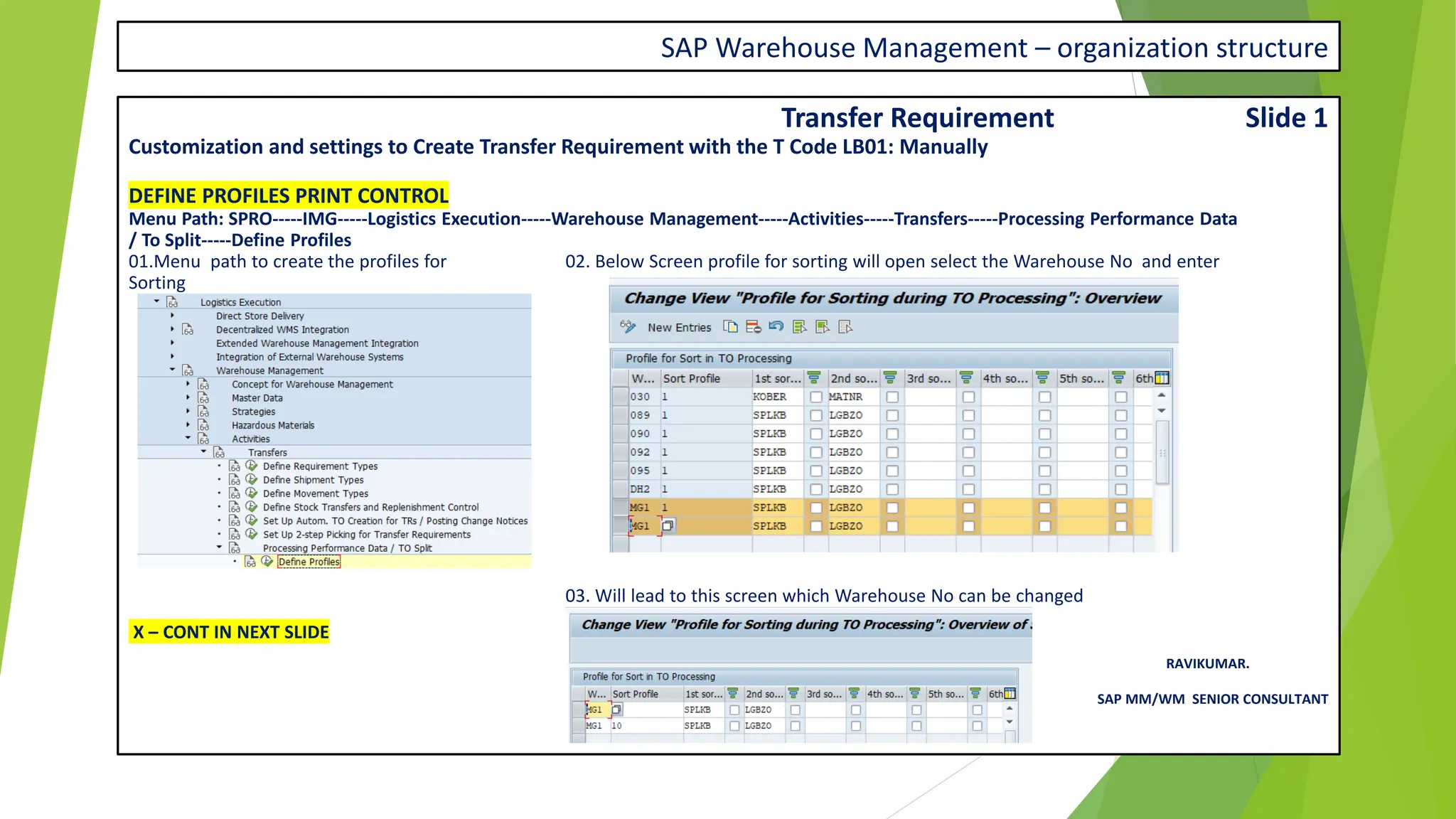 SAP Warehouse Management – organization structure
Transfer Requirement Slide 1
Customization and settings to Create Transfer Requirement with the T Code LB01: Manually
DEFINE PROFILES PRINT CONTROL
Menu Path: SPRO-----IMG-----Logistics Execution-----Warehouse Management-----Activities-----Transfers-----Processing Performance Data
/ To Split-----Define Profiles
01.Menu path to create the profiles for 02. Below Screen profile for sorting will open select the Warehouse No and enter
Sorting
03. Will lead to this screen which Warehouse No can be changed
X – CONT IN NEXT SLIDE
RAVIKUMAR.
SAP MM/WM SENIOR CONSULTANT
 