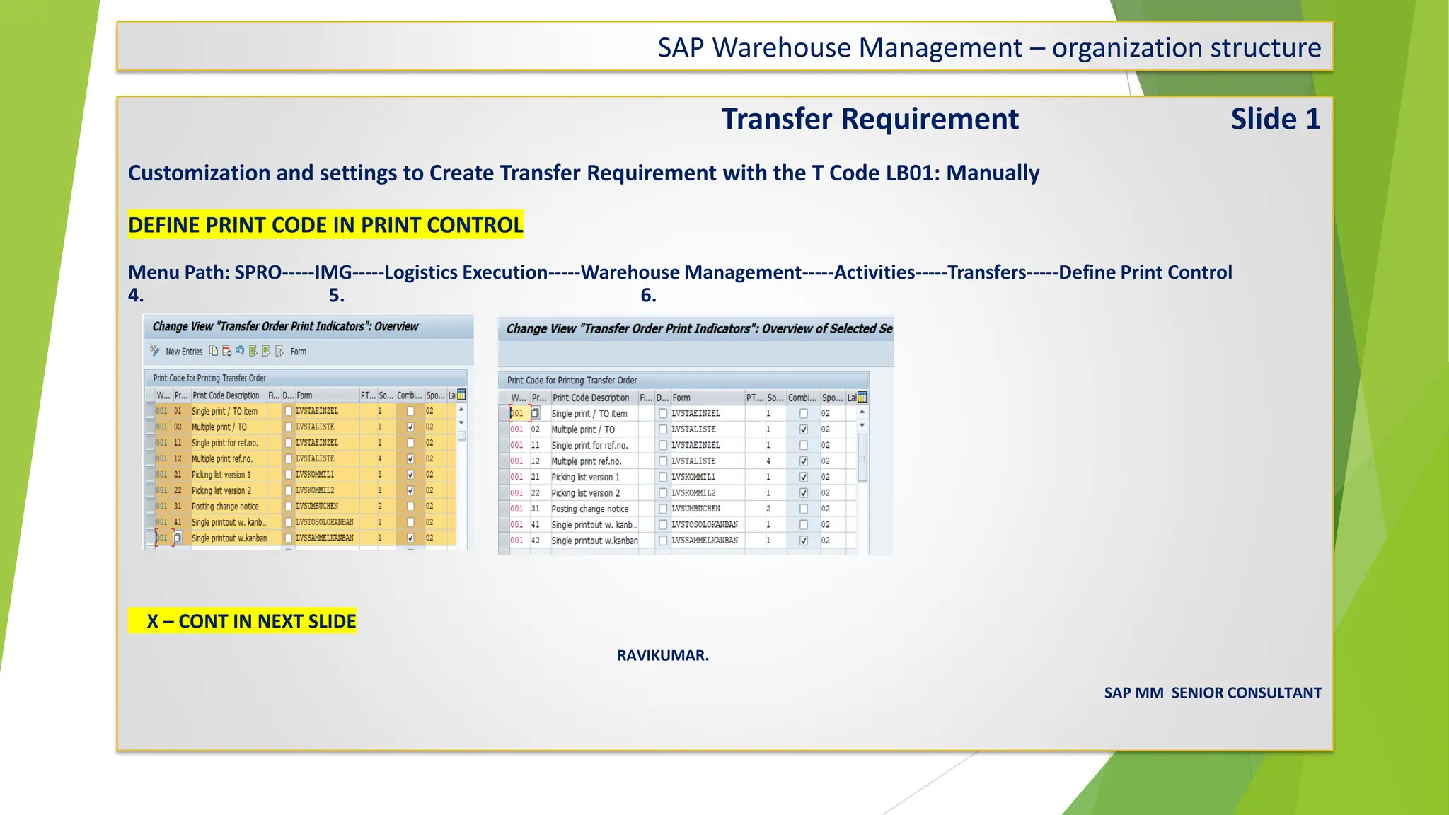 SAP Warehouse Management – organization structure
Transfer Requirement Slide 1
Customization and settings to Create Transfer Requirement with the T Code LB01: Manually
DEFINE PRINT CODE IN PRINT CONTROL
Menu Path: SPRO-----IMG-----Logistics Execution-----Warehouse Management-----Activities-----Transfers-----Define Print Control
4. 5. 6.
X – CONT IN NEXT SLIDE
RAVIKUMAR.
SAP MM SENIOR CONSULTANT
 