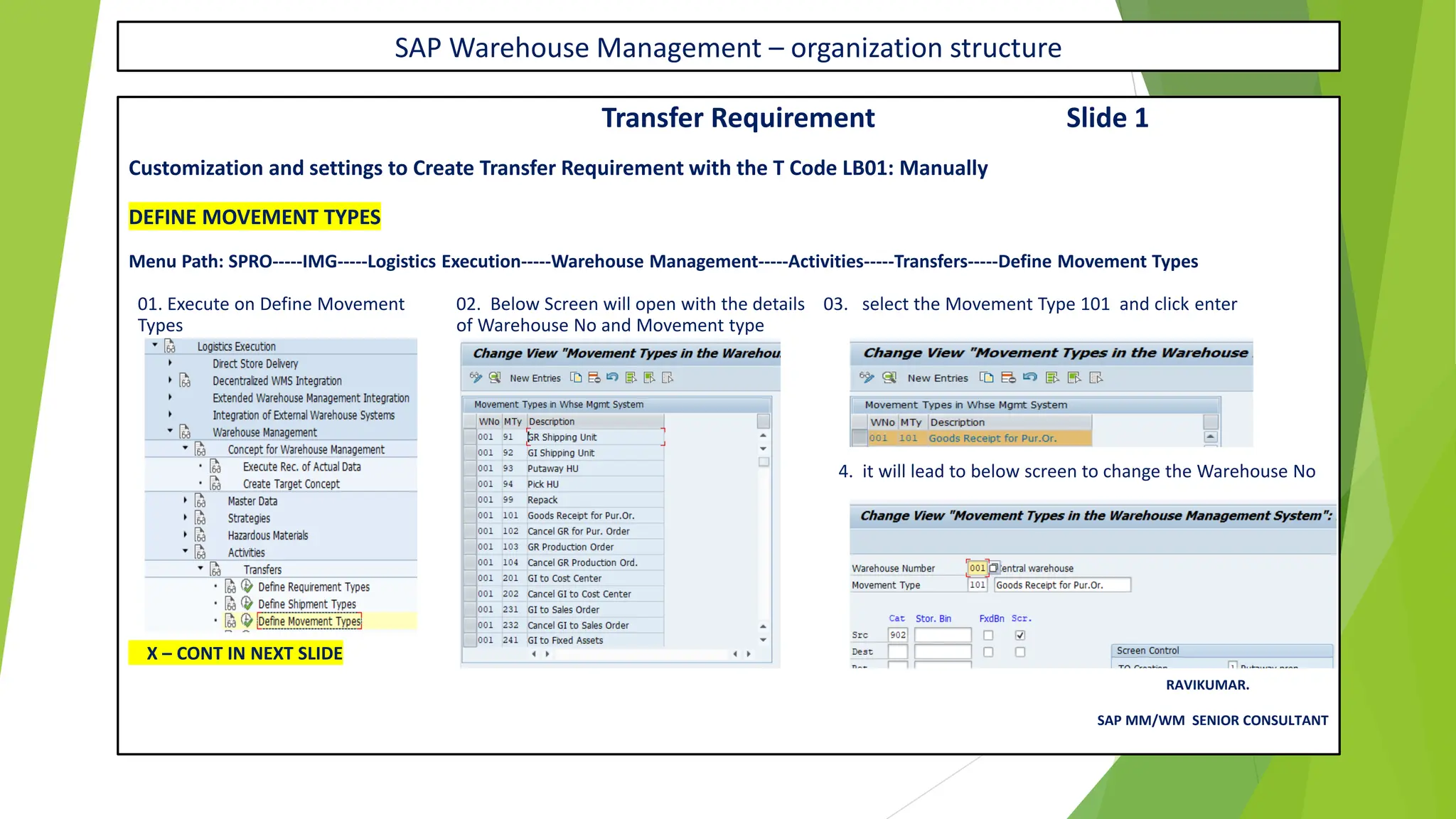 SAP Warehouse Management – organization structure
Transfer Requirement Slide 1
Customization and settings to Create Transfer Requirement with the T Code LB01: Manually
DEFINE MOVEMENT TYPES
Menu Path: SPRO-----IMG-----Logistics Execution-----Warehouse Management-----Activities-----Transfers-----Define Movement Types
01. Execute on Define Movement 02. Below Screen will open with the details 03. select the Movement Type 101 and click enter
Types of Warehouse No and Movement type
4. it will lead to below screen to change the Warehouse No
X – CONT IN NEXT SLIDE
RAVIKUMAR.
SAP MM/WM SENIOR CONSULTANT
 