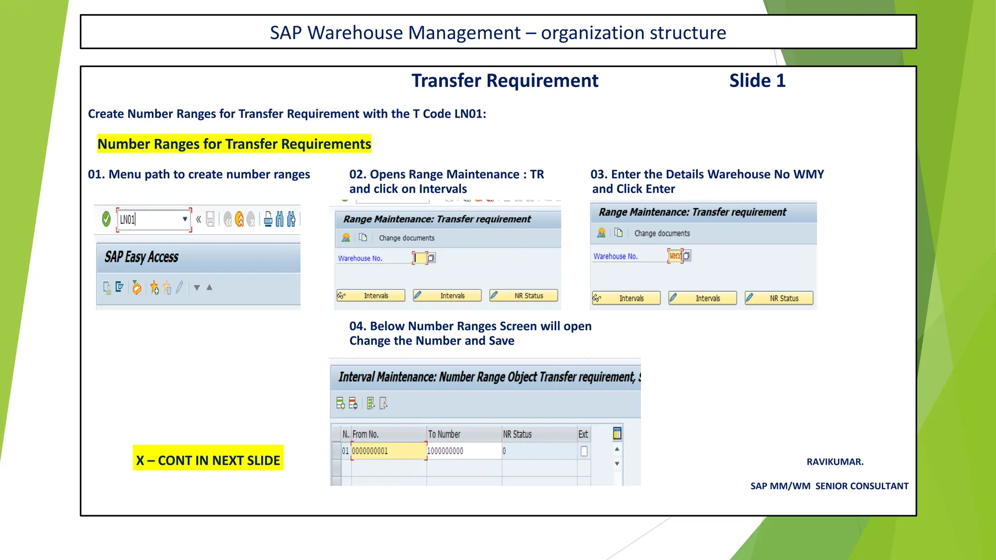 SAP Warehouse Management – organization structure
Transfer Requirement Slide 1
Create Number Ranges for Transfer Requirement with the T Code LN01:
Number Ranges for Transfer Requirements
01. Menu path to create number ranges 02. Opens Range Maintenance : TR 03. Enter the Details Warehouse No WMY
and click on Intervals and Click Enter
04. Below Number Ranges Screen will open
Change the Number and Save
X – CONT IN NEXT SLIDE RAVIKUMAR.
SAP MM/WM SENIOR CONSULTANT
 