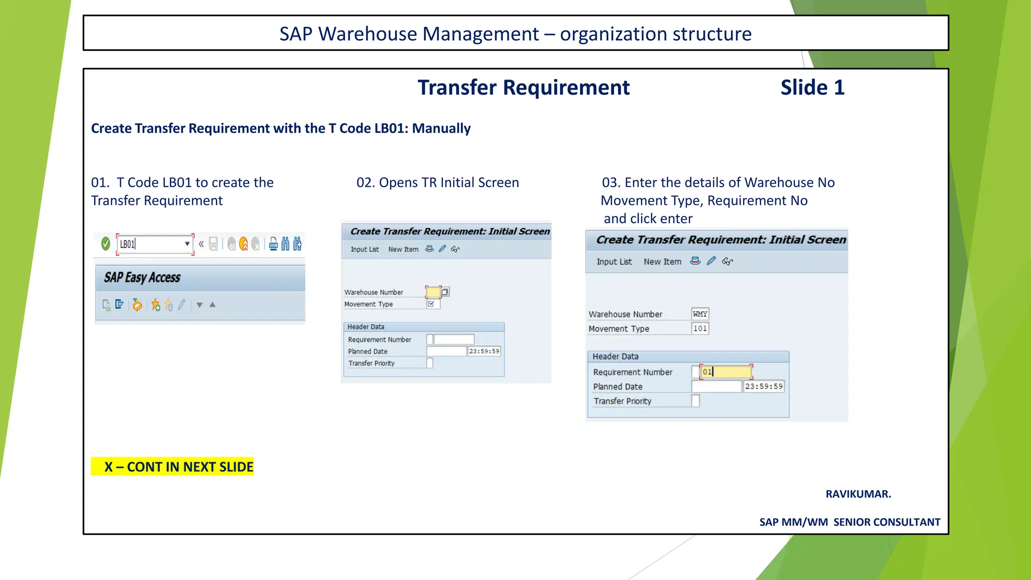 SAP Warehouse Management – organization structure
Transfer Requirement Slide 1
Create Transfer Requirement with the T Code LB01: Manually
01. T Code LB01 to create the 02. Opens TR Initial Screen 03. Enter the details of Warehouse No
Transfer Requirement Movement Type, Requirement No
and click enter
X – CONT IN NEXT SLIDE
RAVIKUMAR.
SAP MM/WM SENIOR CONSULTANT
 