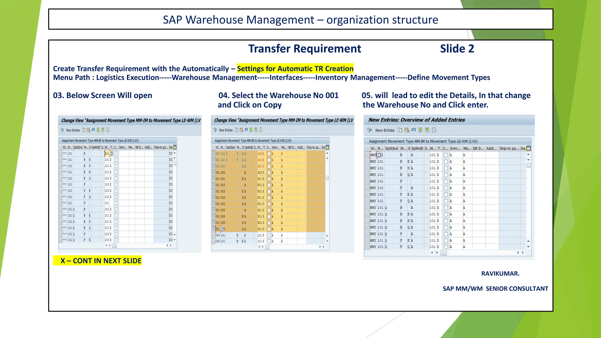 SAP Warehouse Management – organization structure
Transfer Requirement Slide 2
Create Transfer Requirement with the Automatically – Settings for Automatic TR Creation
Menu Path : Logistics Execution-----Warehouse Management-----Interfaces-----Inventory Management-----Define Movement Types
03. Below Screen Will open 04. Select the Warehouse No 001 05. will lead to edit the Details, In that change
and Click on Copy the Warehouse No and Click enter.
X – CONT IN NEXT SLIDE
RAVIKUMAR.
SAP MM/WM SENIOR CONSULTANT
 