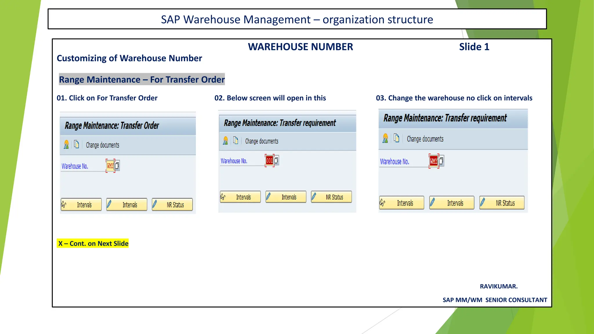 SAP Warehouse Management – organization structure
WAREHOUSE NUMBER Slide 1
Customizing of Warehouse Number
Range Maintenance – For Transfer Order
01. Click on For Transfer Order 02. Below screen will open in this 03. Change the warehouse no click on intervals
X – Cont. on Next Slide
RAVIKUMAR.
SAP MM/WM SENIOR CONSULTANT
 