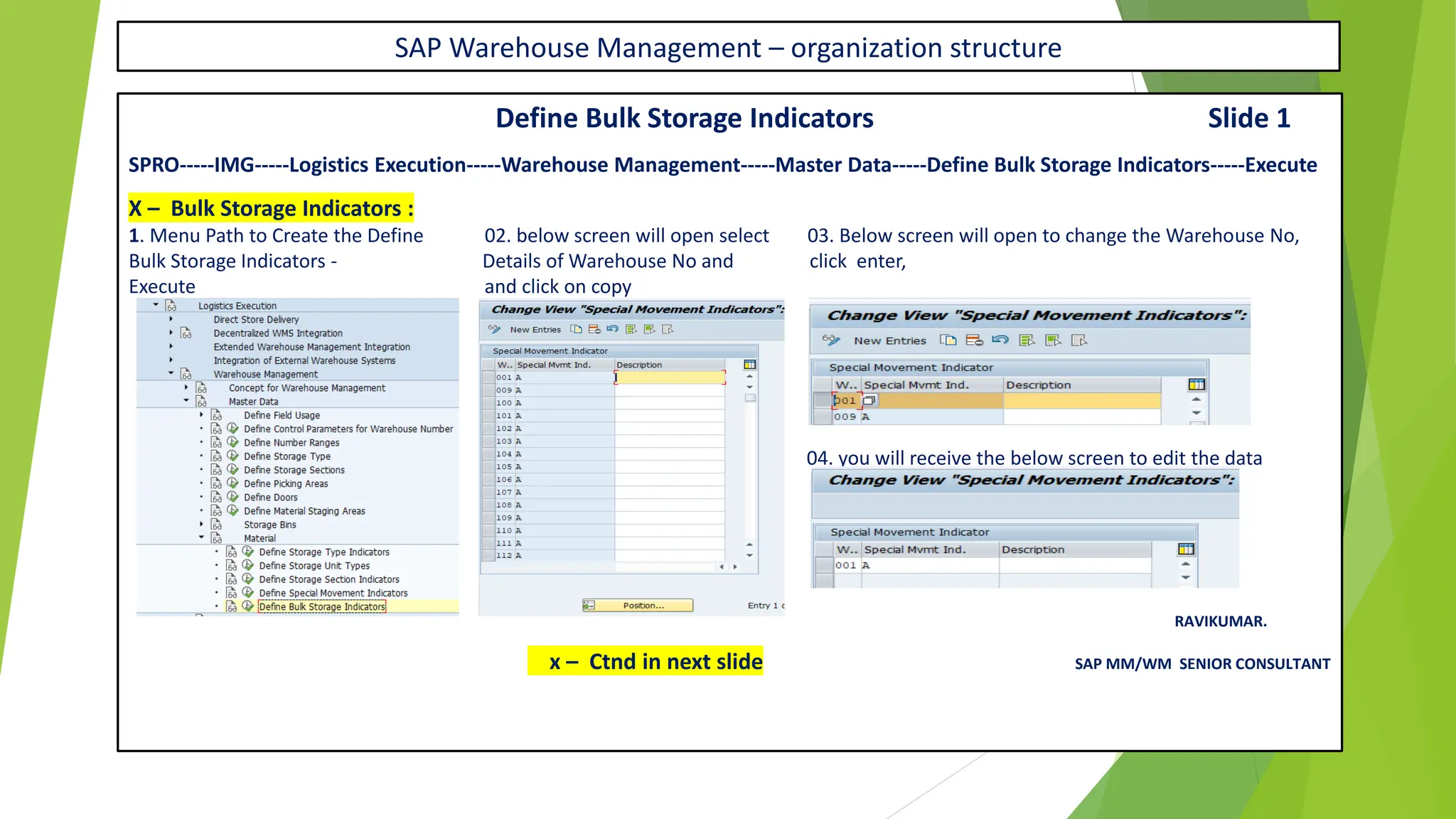 SAP Warehouse Management – organization structure
Define Bulk Storage Indicators Slide 1
SPRO-----IMG-----Logistics Execution-----Warehouse Management-----Master Data-----Define Bulk Storage Indicators-----Execute
X – Bulk Storage Indicators :
1. Menu Path to Create the Define 02. below screen will open select 03. Below screen will open to change the Warehouse No,
Bulk Storage Indicators - Details of Warehouse No and click enter,
Execute and click on copy
04. you will receive the below screen to edit the data
RAVIKUMAR.
x – Ctnd in next slide SAP MM/WM SENIOR CONSULTANT
 