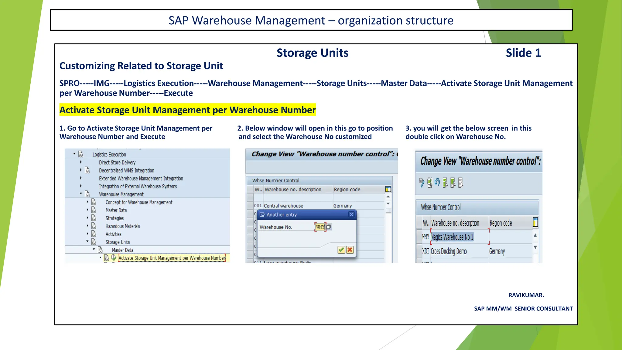 SAP Warehouse Management – organization structure
Storage Units Slide 1
Customizing Related to Storage Unit
SPRO-----IMG-----Logistics Execution-----Warehouse Management-----Storage Units-----Master Data-----Activate Storage Unit Management
per Warehouse Number-----Execute
Activate Storage Unit Management per Warehouse Number
1. Go to Activate Storage Unit Management per 2. Below window will open in this go to position 3. you will get the below screen in this
Warehouse Number and Execute and select the Warehouse No customized double click on Warehouse No.
RAVIKUMAR.
SAP MM/WM SENIOR CONSULTANT
 