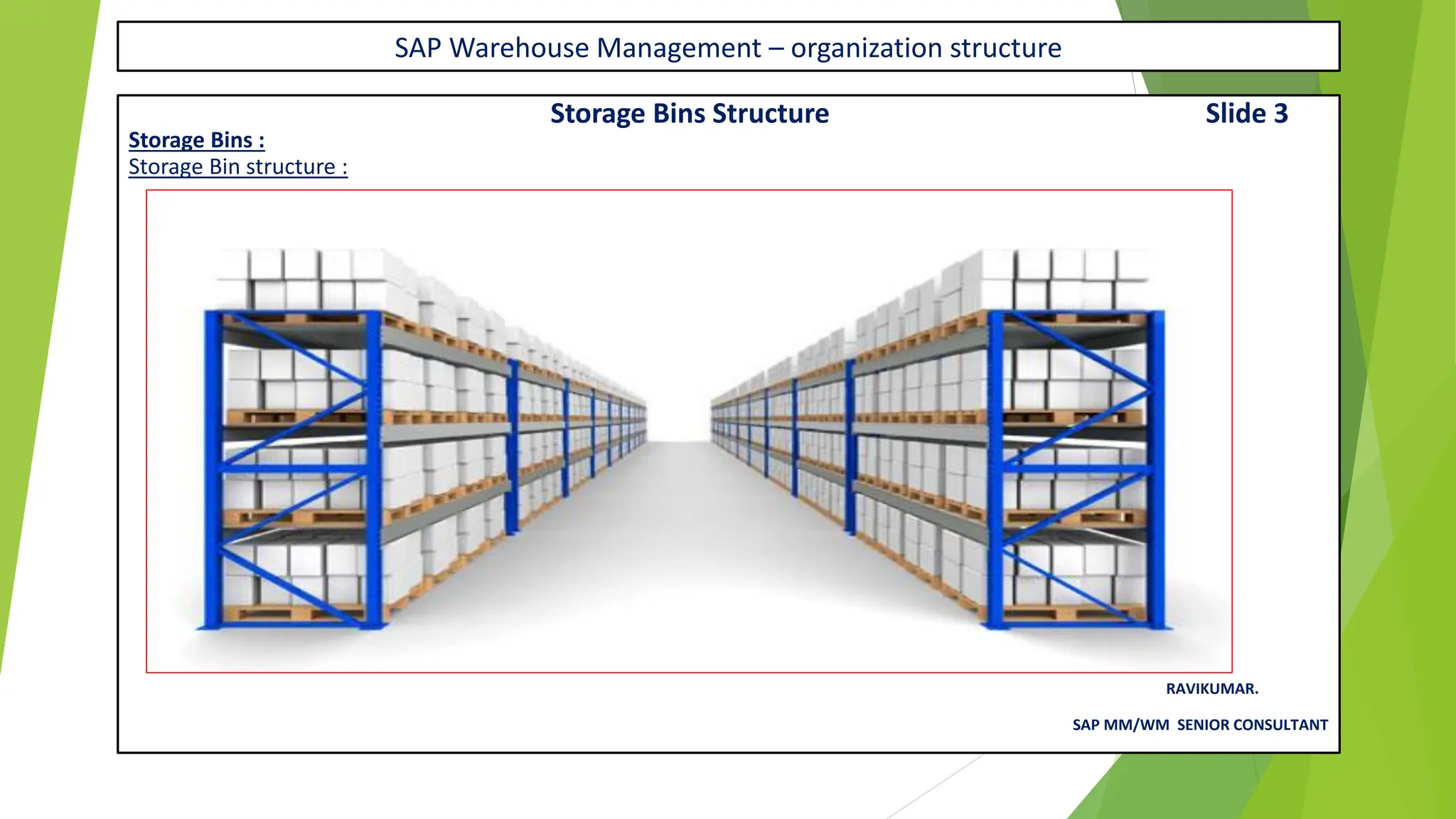 SAP Warehouse Management – organization structure
Storage Bins Structure Slide 3
Storage Bins :
Storage Bin structure :
RAVIKUMAR.
SAP MM/WM SENIOR CONSULTANT
 