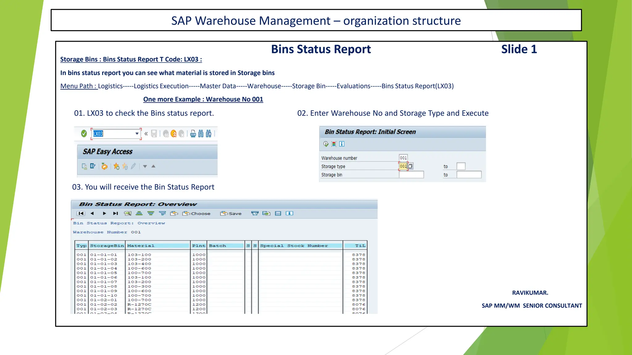 SAP Warehouse Management – organization structure
Bins Status Report Slide 1
Storage Bins : Bins Status Report T Code: LX03 :
In bins status report you can see what material is stored in Storage bins
Menu Path : Logistics-----Logistics Execution-----Master Data-----Warehouse-----Storage Bin-----Evaluations-----Bins Status Report(LX03)
One more Example : Warehouse No 001
01. LX03 to check the Bins status report. 02. Enter Warehouse No and Storage Type and Execute
03. You will receive the Bin Status Report
RAVIKUMAR.
SAP MM/WM SENIOR CONSULTANT
 