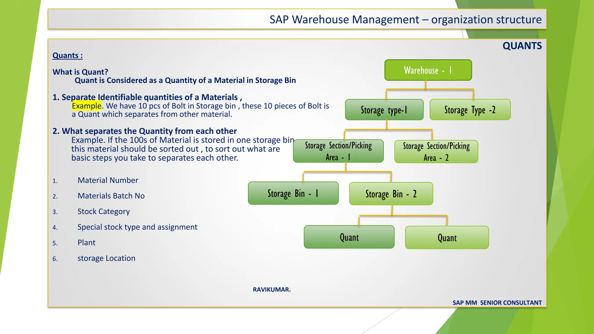 SAP Warehouse Management – organization structure
QUANTS
Quants :
What is Quant?
Quant is Considered as a Quantity of a Material in Storage Bin
1. Separate Identifiable quantities of a Materials ,
Example. We have 10 pcs of Bolt in Storage bin , these 10 pieces of Bolt is
a Quant which separates from other material.
2. What separates the Quantity from each other
Example. If the 100s of Material is stored in one storage bin
this material should be sorted out , to sort out what are
basic steps you take to separates each other.
1. Material Number
2. Materials Batch No
3. Stock Category
4. Special stock type and assignment
5. Plant
6. storage Location
RAVIKUMAR.
SAP MM SENIOR CONSULTANT
Warehouse - 1
Storage type-1 Storage Type -2
Storage Section/Picking
Area - 1
Storage Section/Picking
Area - 2
Storage Bin - 1 Storage Bin - 2
Quant Quant
 