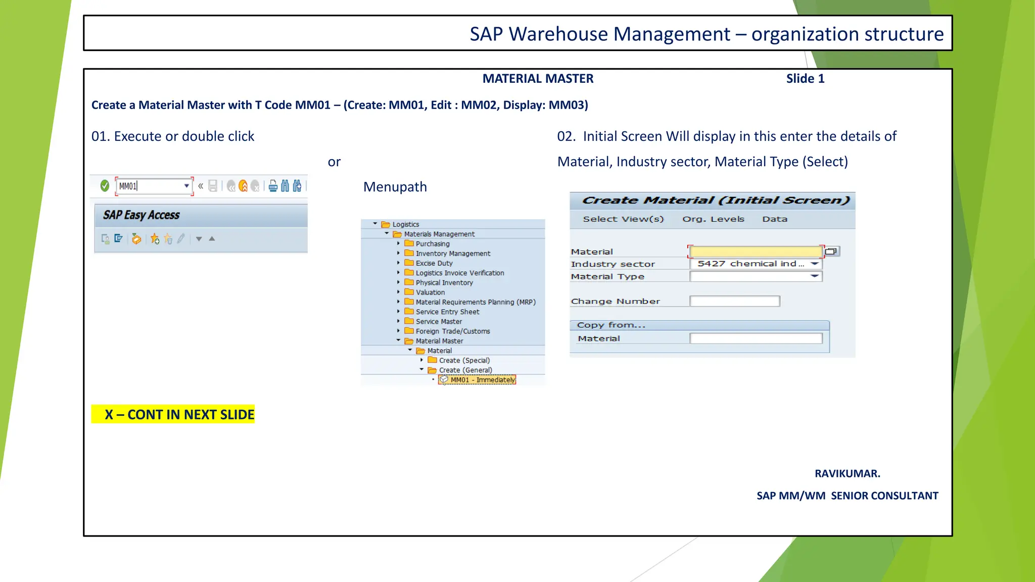 SAP Warehouse Management – organization structure
MATERIAL MASTER Slide 1
Create a Material Master with T Code MM01 – (Create: MM01, Edit : MM02, Display: MM03)
01. Execute or double click 02. Initial Screen Will display in this enter the details of
or Material, Industry sector, Material Type (Select)
Menupath
or
X – CONT IN NEXT SLIDE
RAVIKUMAR.
SAP MM/WM SENIOR CONSULTANT
 