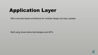 Application Layer
 Micro services-based architecture for modular design and easy updates
 Built using cloud-native technologies and API’s
 