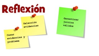 Selección
evidencias
Casar
evidencias y
problema
Garantizar
juicios
válidos
 
