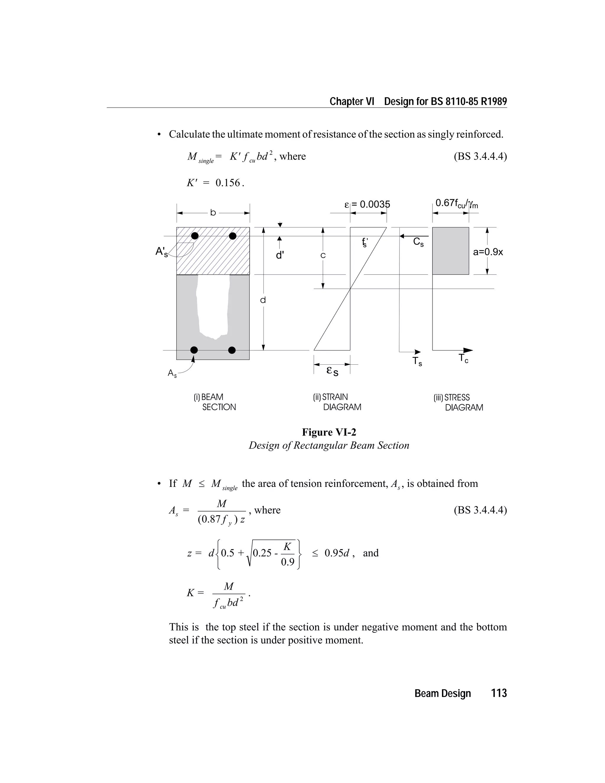 • Calculate the ultimate moment of resistance of the section as singly reinforced.
M = K f bdsingle cu¢
2
, where (BS 3.4.4.4)
K =¢ 0.156 .
• If M M single
£ the area of tension reinforcement, As , is obtained from
A =
M
f z
s
y( )0.87
, where (BS 3.4.4.4)
z = d + -
K
d0.5 0.25
0.9
0.95
ì
í
î
ü
ý
þ
£ , and
K =
M
f bdcu
2
.
This is the top steel if the section is under negative moment and the bottom
steel if the section is under positive moment.
Beam Design 113
Chapter VI Design for BS 8110-85 R1989
c
b
d
As
(i)BEAM
SECTION
(ii)STRAIN
DIAGRAM
(iii)STRESS
DIAGRAM
εs
A's d'
Cs
Ts
Tc
fs
'
a=0.9x
ε = 0.0035 0.67f /cu mγ
Figure VI-2
Design of Rectangular Beam Section
 