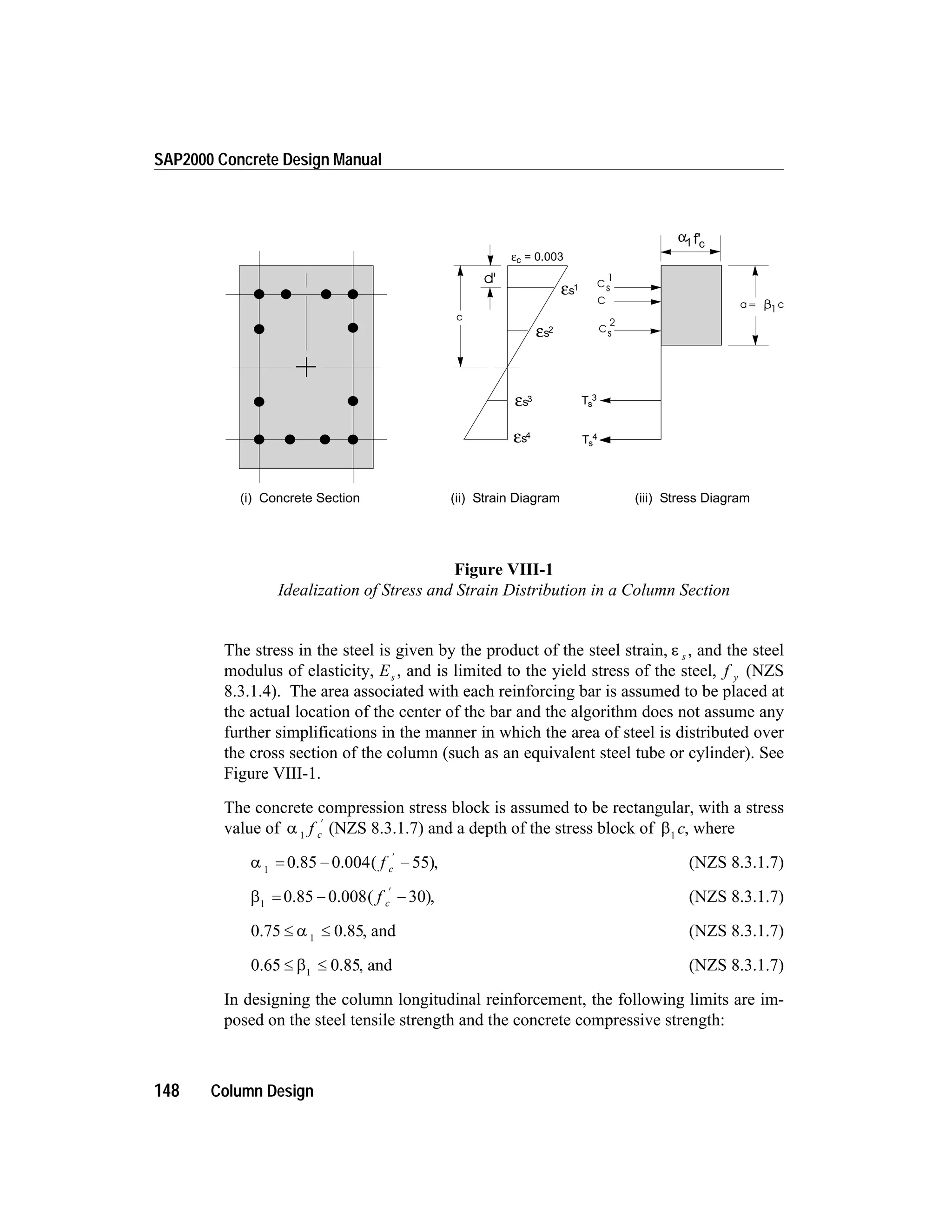 The stress in the steel is given by the product of the steel strain, e s , and the steel
modulus of elasticity, Es , and is limited to the yield stress of the steel, f y (NZS
8.3.1.4). The area associated with each reinforcing bar is assumed to be placed at
the actual location of the center of the bar and the algorithm does not assume any
further simplifications in the manner in which the area of steel is distributed over
the cross section of the column (such as an equivalent steel tube or cylinder). See
Figure VIII-1.
The concrete compression stress block is assumed to be rectangular, with a stress
value of a 1
f c
¢
(NZS 8.3.1.7) and a depth of the stress block of b1
c, where
a 1
= - -
¢
0.85 0.004 55( )f c , (NZS 8.3.1.7)
b1
= - -
¢
0.85 0.008 30( )f c , (NZS 8.3.1.7)
0.75 0.85£ £a 1
, and (NZS 8.3.1.7)
0.65 0.85£ £b1
, and (NZS 8.3.1.7)
In designing the column longitudinal reinforcement, the following limits are im-
posed on the steel tensile strength and the concrete compressive strength:
148 Column Design
SAP2000 Concrete Design Manual
c
d'
C a= c1
2
sC
1
sC
εc = 0.003
εs4
εs3
εs2
εs1
Ts
4
Ts
3
(i) Concrete Section (ii) Strain Diagram (iii) Stress Diagram
α1 cf'
Figure VIII-1
Idealization of Stress and Strain Distribution in a Column Section
 