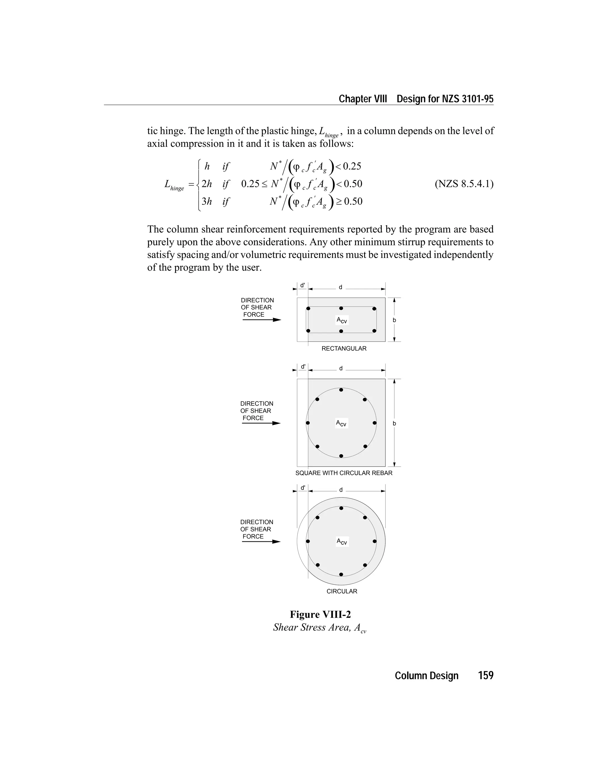 tic hinge. The length of the plastic hinge, Lhinge
, in a column depends on the level of
axial compression in it and it is taken as follows:
L
h if N f A
h if N f A
h i
hinge
c c g
c c g=
<
£ <
¢
¢
*
*
j
j
0.25
0.25 0.502
3 f N f Ac c g
*
j
¢
³
ì
í
ï
î
ï
0.50
(NZS 8.5.4.1)
The column shear reinforcement requirements reported by the program are based
purely upon the above considerations. Any other minimum stirrup requirements to
satisfy spacing and/or volumetric requirements must be investigated independently
of the program by the user.
Column Design 159
Chapter VIII Design for NZS 3101-95
SQUARE WITH CIRCULAR REBAR
DIRECTION
OF SHEAR
FORCE
DIRECTION
OF SHEAR
FORCE
DIRECTION
OF SHEAR
FORCE
d
b
d'
RECTANGULAR
Acv
d' d
bAcv
d'
CIRCULAR
d
Acv
Figure VIII-2
Shear Stress Area, Acv
 