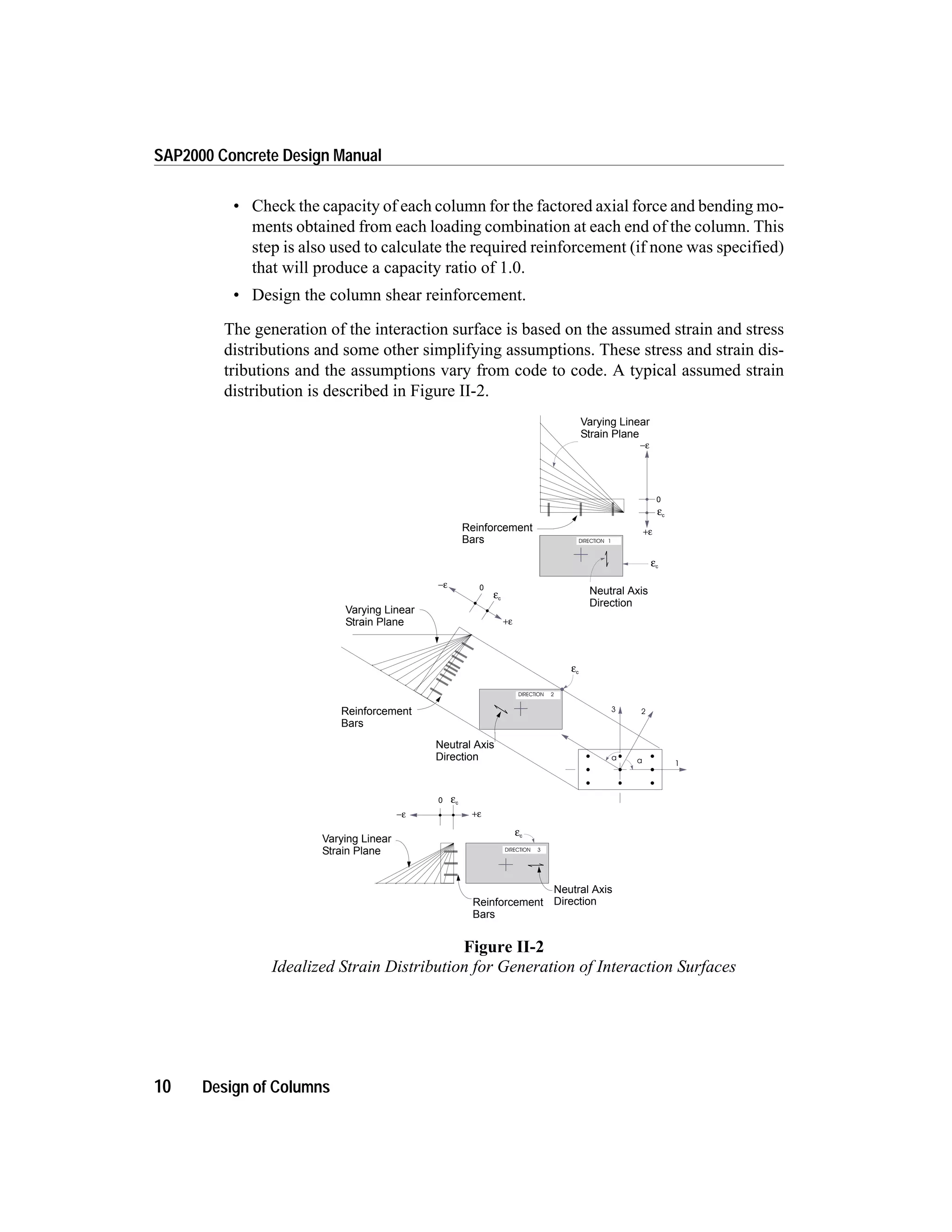 • Check the capacity of each column for the factored axial force and bending mo-
ments obtained from each loading combination at each end of the column. This
step is also used to calculate the required reinforcement (if none was specified)
that will produce a capacity ratio of 1.0.
• Design the column shear reinforcement.
The generation of the interaction surface is based on the assumed strain and stress
distributions and some other simplifying assumptions. These stress and strain dis-
tributions and the assumptions vary from code to code. A typical assumed strain
distribution is described in Figure II-2.
10 Design of Columns
SAP2000 Concrete Design Manual
DIRECTION 1
DIRECTION 2
3 2
1
a a
DIRECTION 3
−ε
−ε
−ε
+ε
+ε
+ε
Neutral Axis
Direction
Neutral Axis
Direction
Neutral Axis
Direction
εc
εc
εc
εc
εc
εc
0
0
0
Reinforcement
Bars
Reinforcement
Bars
Reinforcement
Bars
Varying Linear
Strain Plane
Varying Linear
Strain Plane
Varying Linear
Strain Plane
Figure II-2
Idealized Strain Distribution for Generation of Interaction Surfaces
 