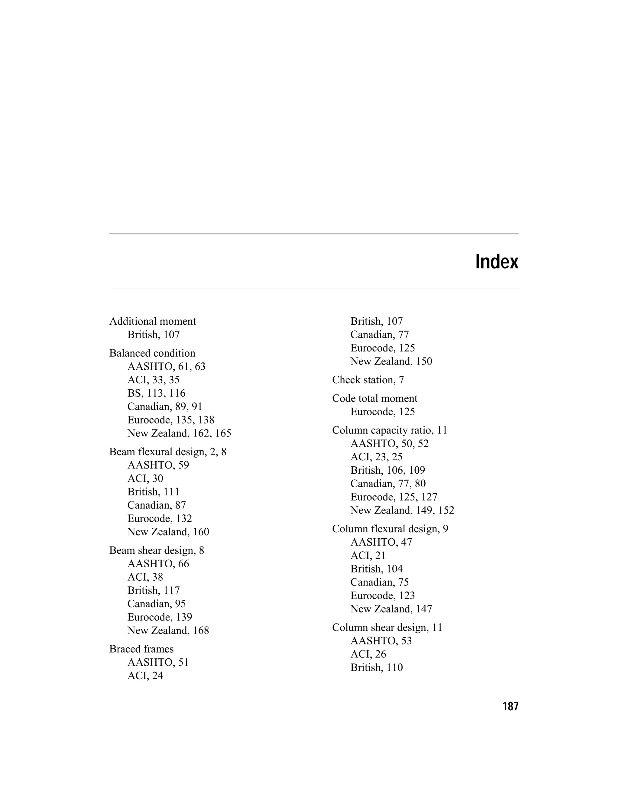 Index
Additional moment
British, 107
Balanced condition
AASHTO, 61, 63
ACI, 33, 35
BS, 113, 116
Canadian, 89, 91
Eurocode, 135, 138
New Zealand, 162, 165
Beam flexural design, 2, 8
AASHTO, 59
ACI, 30
British, 111
Canadian, 87
Eurocode, 132
New Zealand, 160
Beam shear design, 8
AASHTO, 66
ACI, 38
British, 117
Canadian, 95
Eurocode, 139
New Zealand, 168
Braced frames
AASHTO, 51
ACI, 24
British, 107
Canadian, 77
Eurocode, 125
New Zealand, 150
Check station, 7
Code total moment
Eurocode, 125
Column capacity ratio, 11
AASHTO, 50, 52
ACI, 23, 25
British, 106, 109
Canadian, 77, 80
Eurocode, 125, 127
New Zealand, 149, 152
Column flexural design, 9
AASHTO, 47
ACI, 21
British, 104
Canadian, 75
Eurocode, 123
New Zealand, 147
Column shear design, 11
AASHTO, 53
ACI, 26
British, 110
187
 