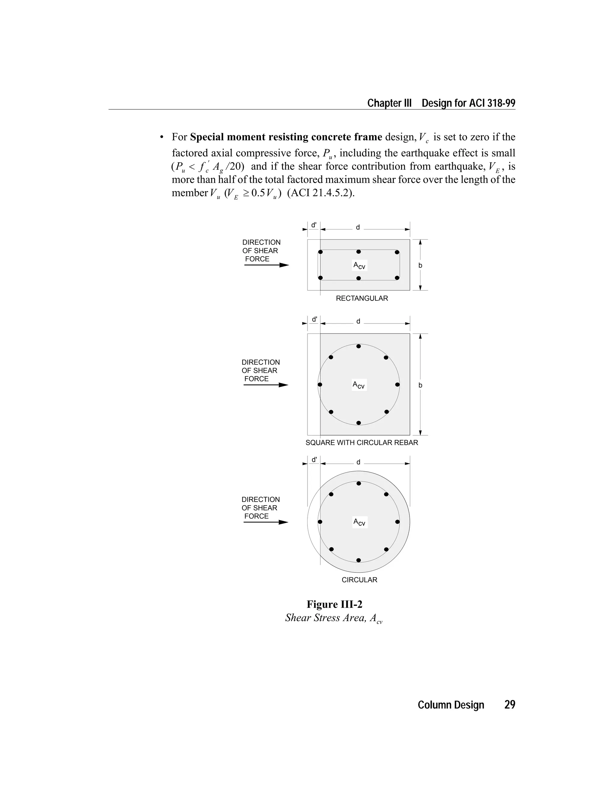 • For Special moment resisting concrete frame design,Vc is set to zero if the
factored axial compressive force, Pu , including the earthquake effect is small
( )P f A /u c g<
¢
20 and if the shear force contribution from earthquake, VE
, is
more than half of the total factored maximum shear force over the length of the
memberVu (V VE u³ 0.5 ) (ACI 21.4.5.2).
Column Design 29
Chapter III Design for ACI 318-99
SQUARE WITH CIRCULAR REBAR
DIRECTION
OF SHEAR
FORCE
DIRECTION
OF SHEAR
FORCE
DIRECTION
OF SHEAR
FORCE
d
b
d'
RECTANGULAR
Acv
d' d
bAcv
d'
CIRCULAR
d
Acv
Figure III-2
Shear Stress Area, Acv
 