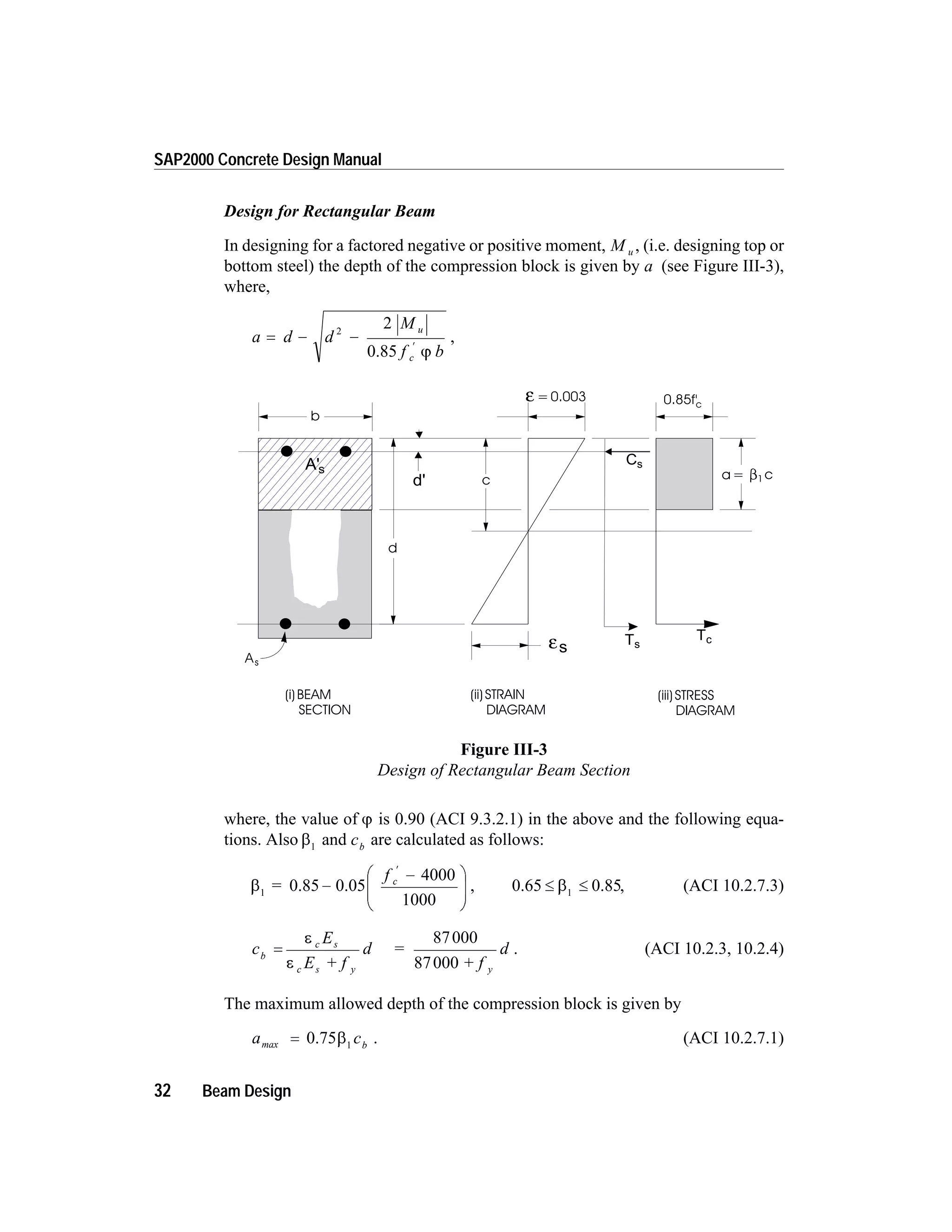 Design for Rectangular Beam
In designing for a factored negative or positive moment, M u , (i.e. designing top or
bottom steel) the depth of the compression block is given by a (see Figure III-3),
where,
a d d
M
f b
u
c
= - -
¢
2
2
0.85 j
,
where, the value of j is 0.90 (ACI 9.3.2.1) in the above and the following equa-
tions. Also b1
and cb
are calculated as follows:
b1
= 0.85 0.05-
-æ
è
ç
ç
ö
ø
÷
÷
¢
f c 4000
1000
, 0.65 0.85£ £b1
, (ACI 10.2.7.3)
c
E
E + f
d =
+ f
db
c s
c s y y
=
e
e
87000
87000
. (ACI 10.2.3, 10.2.4)
The maximum allowed depth of the compression block is given by
a cbmax = 0.75b1
. (ACI 10.2.7.1)
32 Beam Design
SAP2000 Concrete Design Manual
0.85f'c
c
b
d
As
(i)BEAM
SECTION
(ii)STRAIN
DIAGRAM
(iii)STRESS
DIAGRAM
a= c1
=0.003ε
εs
A's
d'
Cs
Ts
Tc
Figure III-3
Design of Rectangular Beam Section
 
