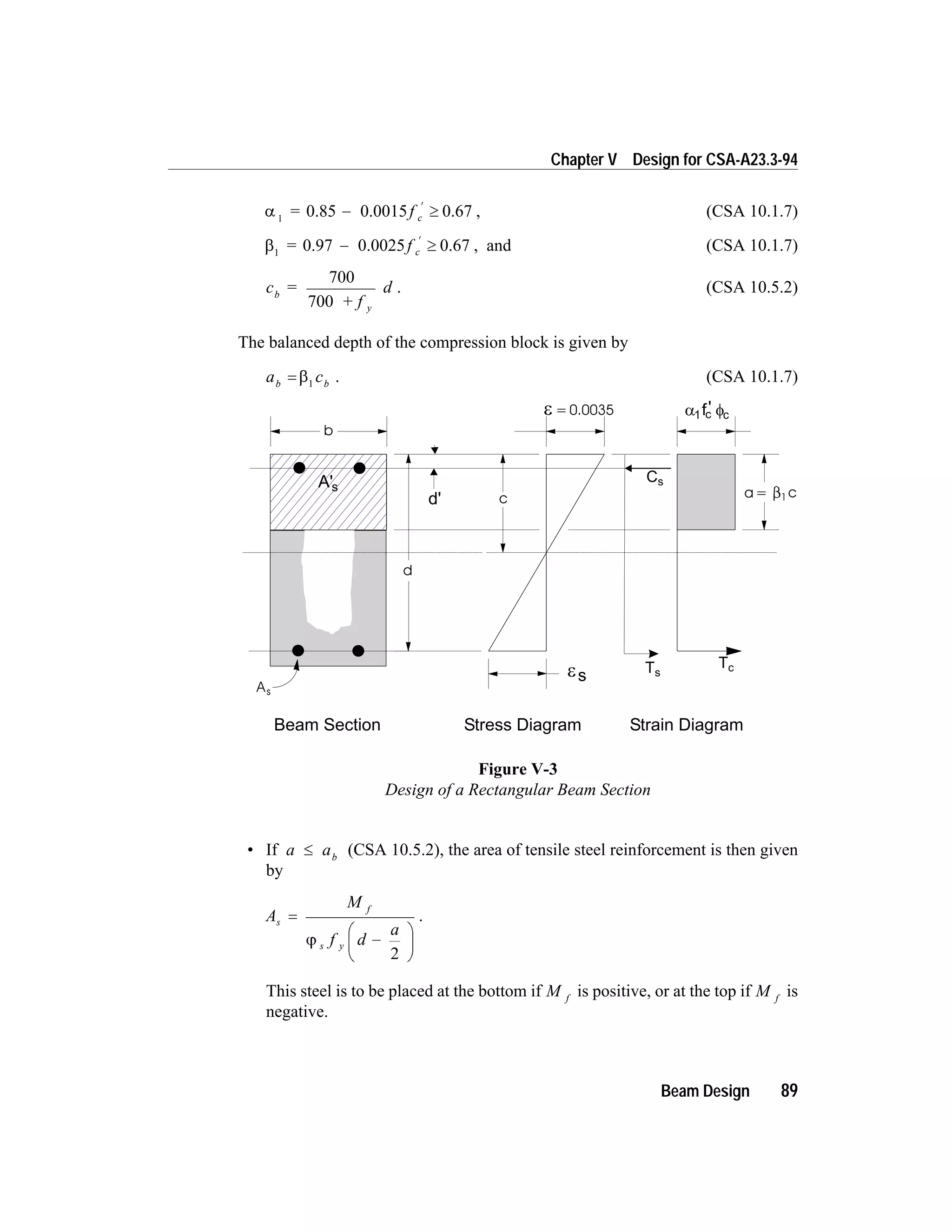 a 1
= f c0.85 0.0015 0.67- ³
¢
, (CSA 10.1.7)
b1
= f c0.97 0.0025 0.67- ³
¢
, and (CSA 10.1.7)
c =
+ f
db
y
700
700
. (CSA 10.5.2)
The balanced depth of the compression block is given by
a cb b
= b1
. (CSA 10.1.7)
• If a ab
£ (CSA 10.5.2), the area of tensile steel reinforcement is then given
by
A
M
f d
a
s
f
s y
=
-
æ
è
ç
ö
ø
÷j
2
.
This steel is to be placed at the bottom if M f
is positive, or at the top if M f
is
negative.
Beam Design 89
Chapter V Design for CSA-A23.3-94
Figure V-3
Design of a Rectangular Beam Section
 