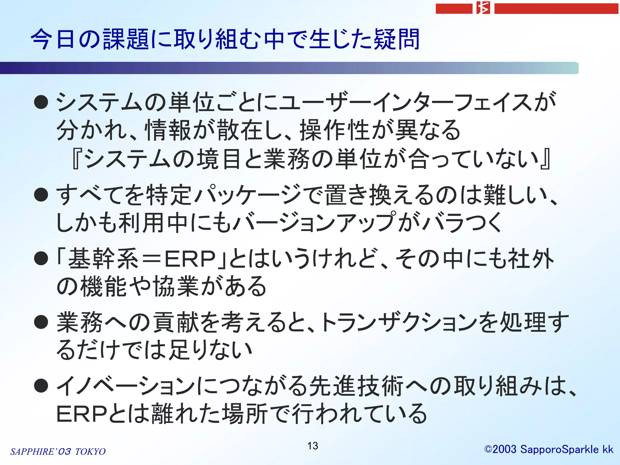 今日の課題に取り組む中で生じた疑問

    システムの単位ごとにユーザーインターフェイスが
     分かれ、情報が散在し、操作性が異なる
      『システムの境目と業務の単位が合っていない』
    すべてを特定パッケージで置き換えるのは難しい、
     しかも利用中にもバージョンアップがバラつく
    「基幹系＝ＥＲＰ」とはいうけれど、その中にも社外
     の機能や協業がある
    業務への貢献を考えると、トランザクションを処理す
     るだけでは足りない
    イノベーションにつながる先進技術への取り組みは、
     ＥＲＰとは離れた場所で行われている
                    13   ©2003 SapporoSparkle kk
SAPPHIRE’０３ TOKYO
 