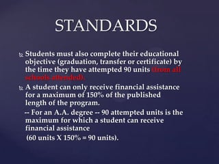 STANDARDS
 Students must also complete their educational
  objective (graduation, transfer or certificate) by
  the time they have attempted 90 units (from all
  schools attended).
 A student can only receive financial assistance
  for a maximum of 150% of the published
  length of the program.
  -- For an A.A. degree -- 90 attempted units is the
  maximum for which a student can receive
  financial assistance
   (60 units X 150% = 90 units).
 