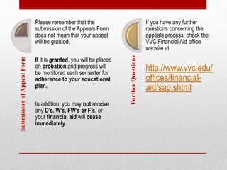 SubmissionofAppealForm Please remember that the
submission of the Appeals Form
does not mean that your appeal
will be granted.
If it is granted, you will be placed
on probation and progress will
be monitored each semester for
adherence to your educational
plan.
In addition, you may not receive
any D’s, W’s, FW’s or F’s, or
your financial aid will cease
immediately.
FurtherQuestions
If you have any further
questions concerning the
appeals process, check the
VVC Financial Aid office
website at:
http://www.vvc.edu/
offices/financial-
aid/sap.shtml
 