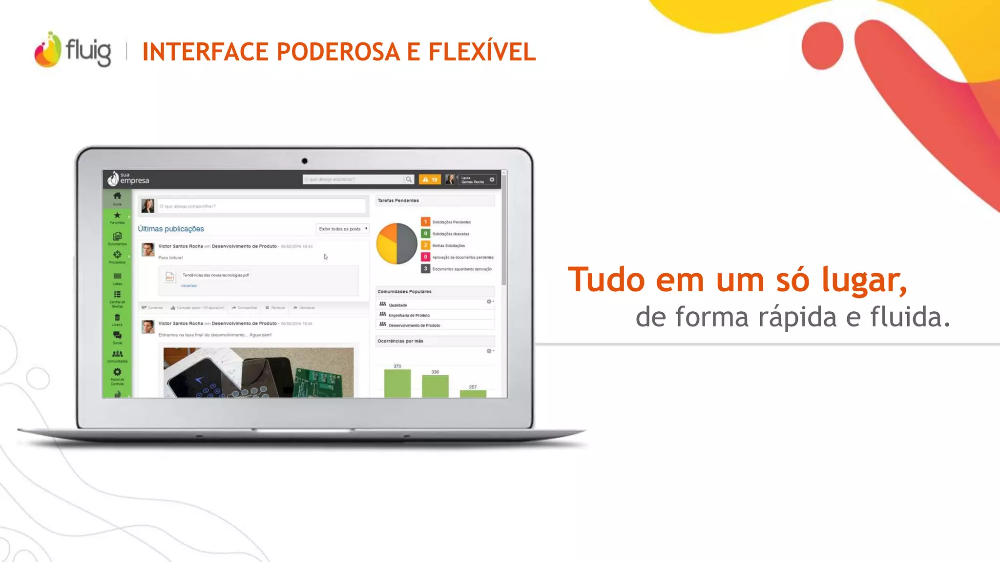 POR QUE FLUIG?
Obtenha maior
disponibilidade das
informações na camada
fluig com menor TCO SAP
Tenha acesso único a
todos os sistemas
Torne seu SAP mais
conectado e flexível
Faça os seus dados
fluírem por toda a
empresa
Amplie a forma de tirar
informações do seu SAP
Capacidade de integração com qualquer
sistema de qualquer fornecedor
*Arquitetura Orientada a Serviços (SOA)
 
