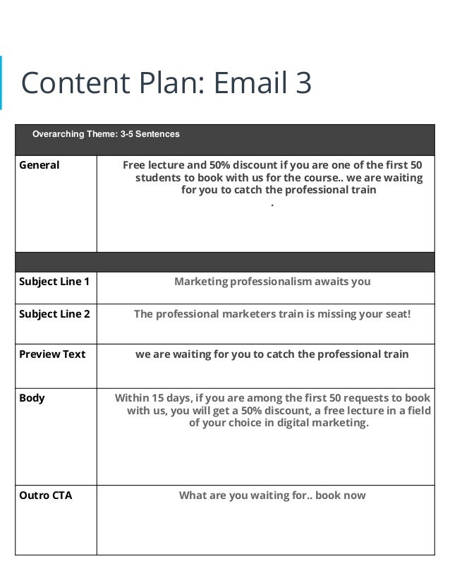Content Plan: Email 3
Overarching Theme: 3-5 Sentences
General Free lecture and 50% discount if you are one of the first 50
students to book with us for the course.. we are waiting
for you to catch the professional train
.
Subject Line 1 Marketing professionalism awaits you
Subject Line 2 The professional marketers train is missing your seat!
Preview Text we are waiting for you to catch the professional train
Body Within 15 days, if you are among the first 50 requests to book
with us, you will get a 50% discount, a free lecture in a field
of your choice in digital marketing.
Outro CTA What are you waiting for.. book now
 