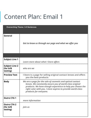 Content Plan: Email 1
Overarching Theme: 3-5 Sentences
General
Get to know us through our page and what we offer you
Subject Line 1
Learn more about what I Store offers
Subject Line 2
(for A/B
testing)
who are we
Preview Text I Store is a page for selling original contact lenses and offers
you the best products
Body We are a page for the sale of cosmetic and optical contact
lenses. We constantly assure you of world-class original
products. We have enough experience to help you choose the
right color with you. I store aspires to provide world-class
products for everyone.
Outro CTA 1
more information
Outro CTA 2
(for A/B
testing)
join us
 