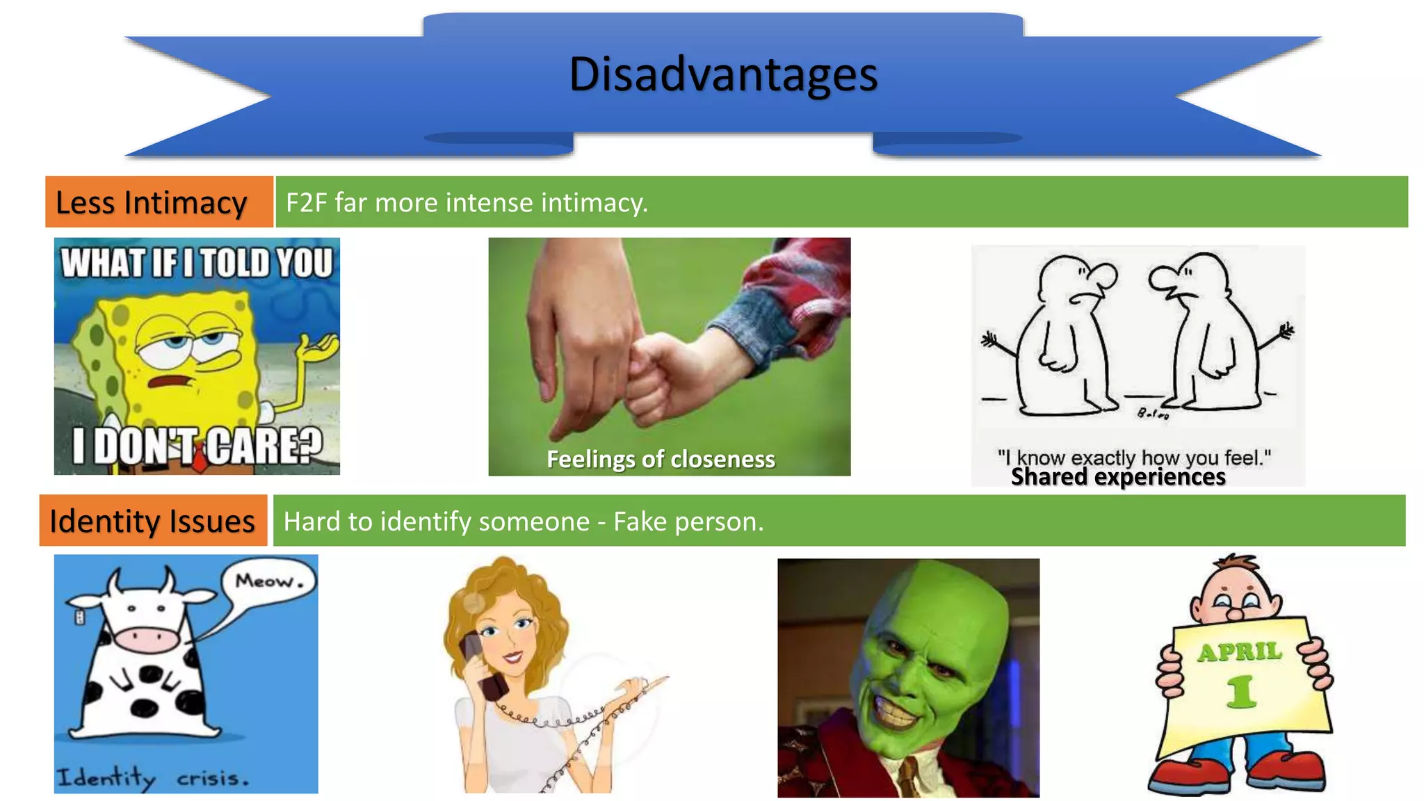 Less Intimacy
Disadvantages
Identity Issues
F2F far more intense intimacy.
Hard to identify someone - Fake person.
Feelings of closeness
Shared experiences
 