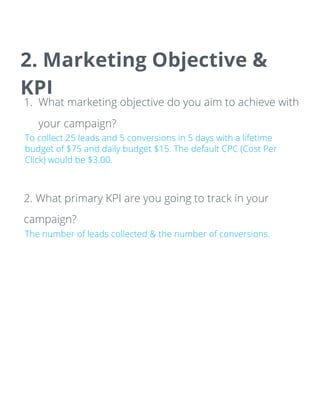 2. Marketing Objective &
KPI
1. What marketing objective do you aim to achieve with
your campaign?
To collect 25 leads and 5 conversions in 5 days with a lifetime
budget of $75 and daily budget $15. The default CPC (Cost Per
Click) would be $3.00.
2. What primary KPI are you going to track in your
campaign?
The number of leads collected & the number of conversions.
 