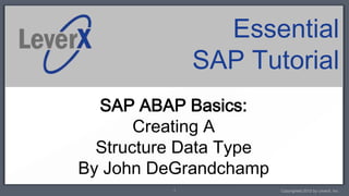 Essential
              SAP Tutorial
  SAP ABAP Basics:
       Creating A
  Structure Data Type
By John DeGrandchamp
          1             Copyrighted 2012 by LeverX, Inc.
 