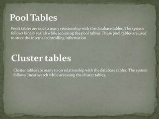 Pools tables are one to many relationship with the database tables. The system
follows binary search while accessing the pool tables. These pool tables are used
to store the internal controlling information.
Cluster tables
Cluster tables are many to on relationship with the database tables. The system
follows linear search while accessing the cluster tables.
 