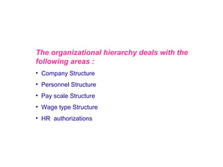 The organizational hierarchy deals with the
following areas :
• Company Structure
• Personnel Structure
• Pay scale Structure
• Wage type Structure
• HR authorizations

 