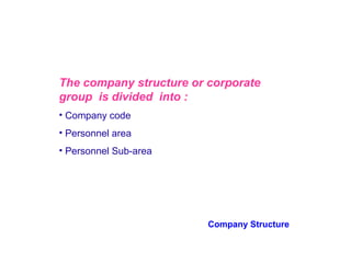 The company structure or corporate
group is divided into :
• Company code
• Personnel area
• Personnel Sub-area

Company Structure

 