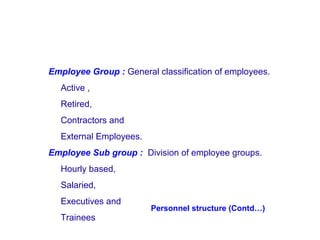 Employee Group : General classification of employees.
Active ,
Retired,
Contractors and
External Employees.
Employee Sub group : Division of employee groups.
Hourly based,
Salaried,
Executives and
Trainees

Personnel structure (Contd…)

 