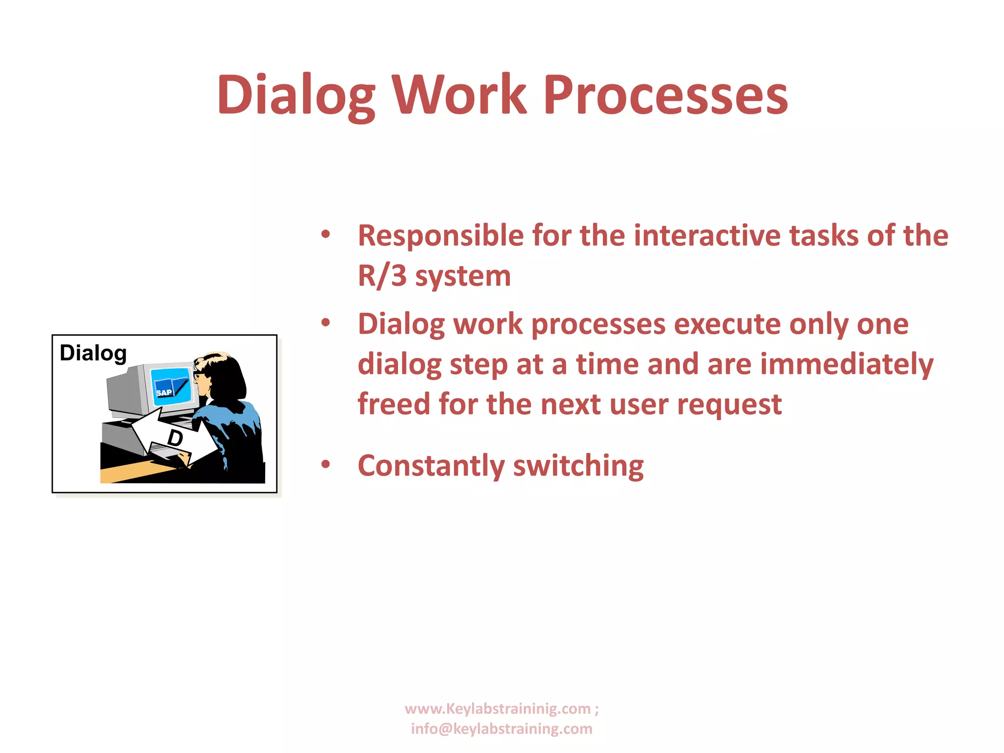 www.Keylabstraininig.com ;
info@keylabstraining.com
Dialog Work Processes
Dialog
• Responsible for the interactive tasks of the
R/3 system
• Dialog work processes execute only one
dialog step at a time and are immediately
freed for the next user request
• Constantly switching between users
 