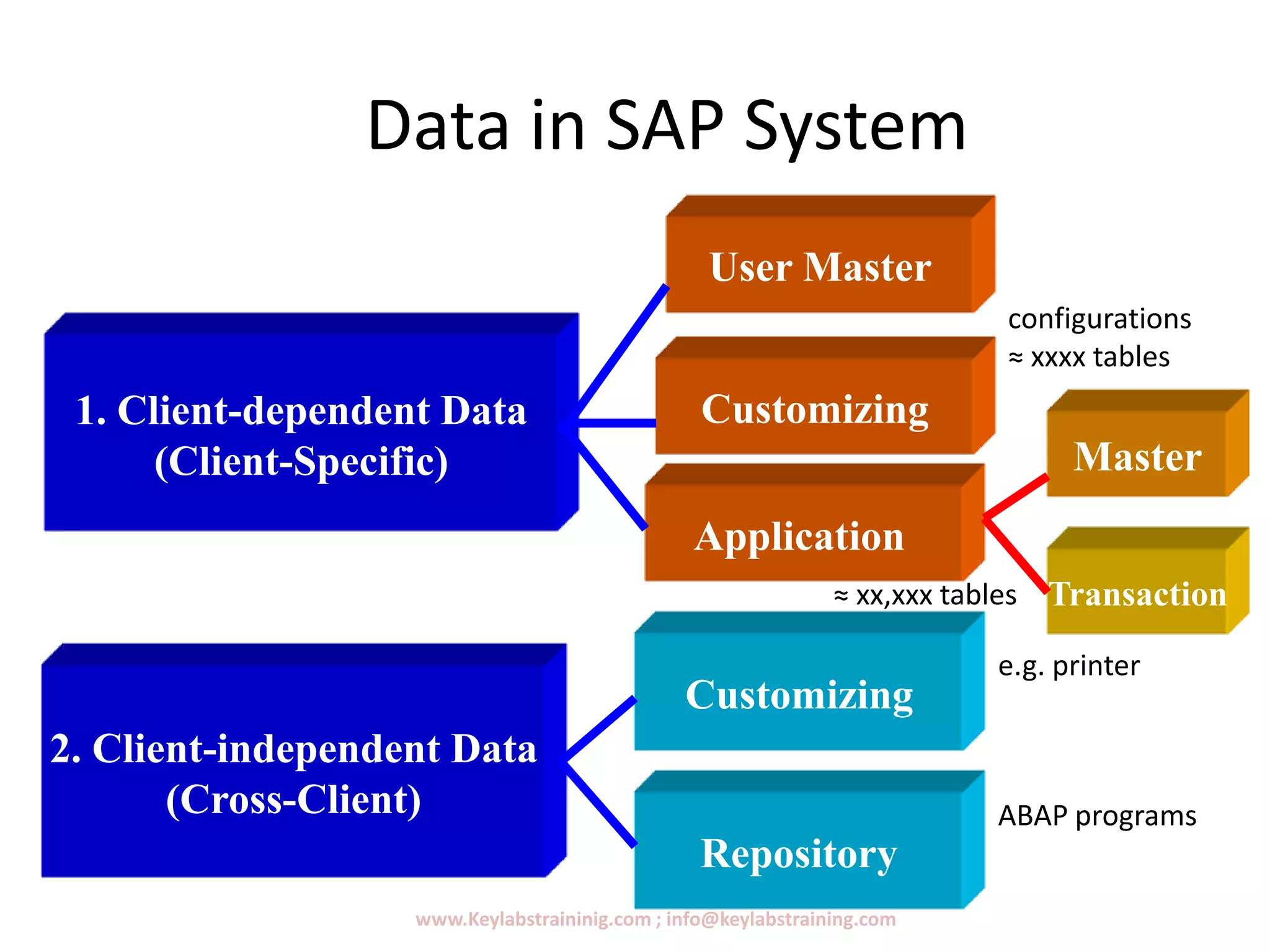Data in SAP System
www.Keylabstraininig.com ; info@keylabstraining.com
1. Client-dependent Data
(Client-Specific)
2. Client-independent Data
(Cross-Client)
User Master
Customizing
Application
Master
Transaction
Customizing
Repository
configurations
≈ xxxx tables
≈ xx,xxx tables
e.g. printer
ABAP programs
 