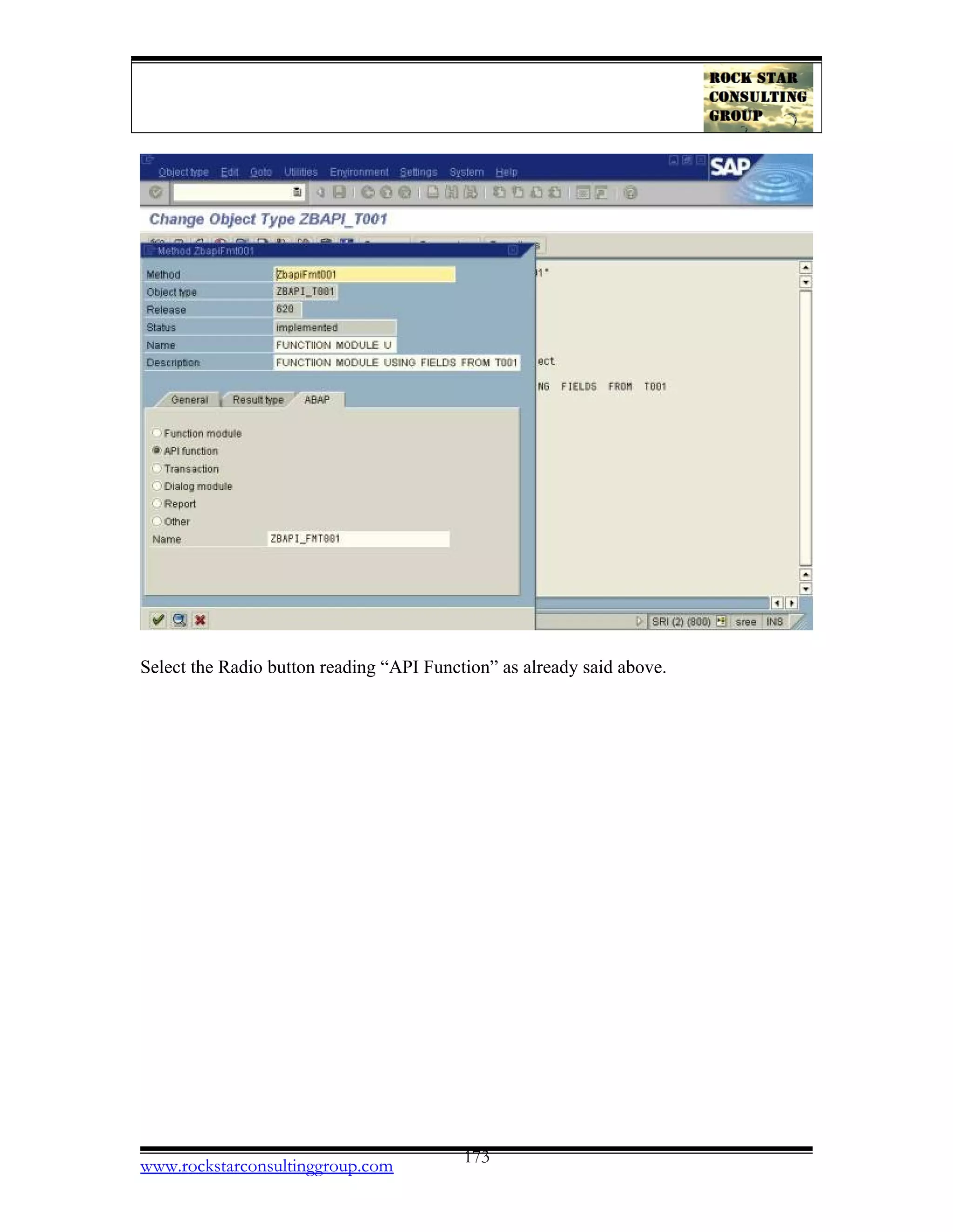 Select the Radio button reading “API Function” as already said above.
www.rockstarconsultinggroup.com 173
 