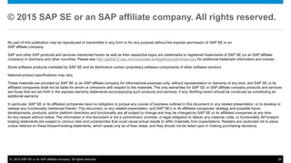 © 2015 SAP SE or an SAP affiliate company. All rights reserved. 39
© 2015 SAP SE or an SAP affiliate company. All rights reserved.
No part of this publication may be reproduced or transmitted in any form or for any purpose without the express permission of SAP SE or an
SAP affiliate company.
SAP and other SAP products and services mentioned herein as well as their respective logos are trademarks or registered trademarks of SAP SE (or an SAP affiliate
company) in Germany and other countries. Please see http://global12.sap.com/corporate-en/legal/copyright/index.epx for additional trademark information and notices.
Some software products marketed by SAP SE and its distributors contain proprietary software components of other software vendors.
National product specifications may vary.
These materials are provided by SAP SE or an SAP affiliate company for informational purposes only, without representation or warranty of any kind, and SAP SE or its
affiliated companies shall not be liable for errors or omissions with respect to the materials. The only warranties for SAP SE or SAP affiliate company products and services
are those that are set forth in the express warranty statements accompanying such products and services, if any. Nothing herein should be construed as constituting an
additional warranty.
In particular, SAP SE or its affiliated companies have no obligation to pursue any course of business outlined in this document or any related presentation, or to develop or
release any functionality mentioned therein. This document, or any related presentation, and SAP SE’s or its affiliated companies’ strategy and possible future
developments, products, and/or platform directions and functionality are all subject to change and may be changed by SAP SE or its affiliated companies at any time
for any reason without notice. The information in this document is not a commitment, promise, or legal obligation to deliver any material, code, or functionality. All forward-
looking statements are subject to various risks and uncertainties that could cause actual results to differ materially from expectations. Readers are cautioned not to place
undue reliance on these forward-looking statements, which speak only as of their dates, and they should not be relied upon in making purchasing decisions.
 