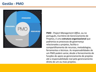 Gestão - PMO
PMO - Project Management Office, ou no
português, Escritório de Gerenciamento de
Projetos, é uma estrutura organizacional que
padroniza os processos de governança
relacionados a projetos, facilita o
compartilhamento de recursos, metodologias,
ferramentas e técnicas. As responsabilidades de
um PMO podem variar, desde o fornecimento de
funções de apoio ao gerenciamento de projetos
até a responsabilidade real pelo gerenciamento
direto de um ou mais projetos.
 