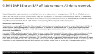 © 2016 SAP SE or an SAP affiliate company. All rights reserved. 30Public
© 2016 SAP SE or an SAP affiliate company. All rights reserved.
No part of this publication may be reproduced or transmitted in any form or for any purpose without the express permission of SAP SE or an SAP affiliate company.
SAP and other SAP products and services mentioned herein as well as their respective logos are trademarks or registered trademarks of SAP SE (or an SAP affiliate
company) in Germany and other countries. Please see http://global12.sap.com/corporate-en/legal/copyright/index.epx for additional trademark information and notices.
Some software products marketed by SAP SE and its distributors contain proprietary software components of other software vendors.
National product specifications may vary.
These materials are provided by SAP SE or an SAP affiliate company for informational purposes only, without representation or warranty of any kind, and SAP SE or its
affiliated companies shall not be liable for errors or omissions with respect to the materials. The only warranties for SAP SE or SAP affiliate company products and
services are those that are set forth in the express warranty statements accompanying such products and services, if any. Nothing herein should be construed as
constituting an additional warranty.
In particular, SAP SE or its affiliated companies have no obligation to pursue any course of business outlined in this document or any related presentation, or to develop
or release any functionality mentioned therein. This document, or any related presentation, and SAP SE’s or its affiliated companies’ strategy and possible future
developments, products, and/or platform directions and functionality are all subject to change and may be changed by SAP SE or its affiliated companies at any time
for any reason without notice. The information in this document is not a commitment, promise, or legal obligation to deliver any material, code, or functionality. All forward-
looking statements are subject to various risks and uncertainties that could cause actual results to differ materially from expectations. Readers are cautioned not to place
undue reliance on these forward-looking statements, which speak only as of their dates, and they should not be relied upon in making purchasing decisions.
 