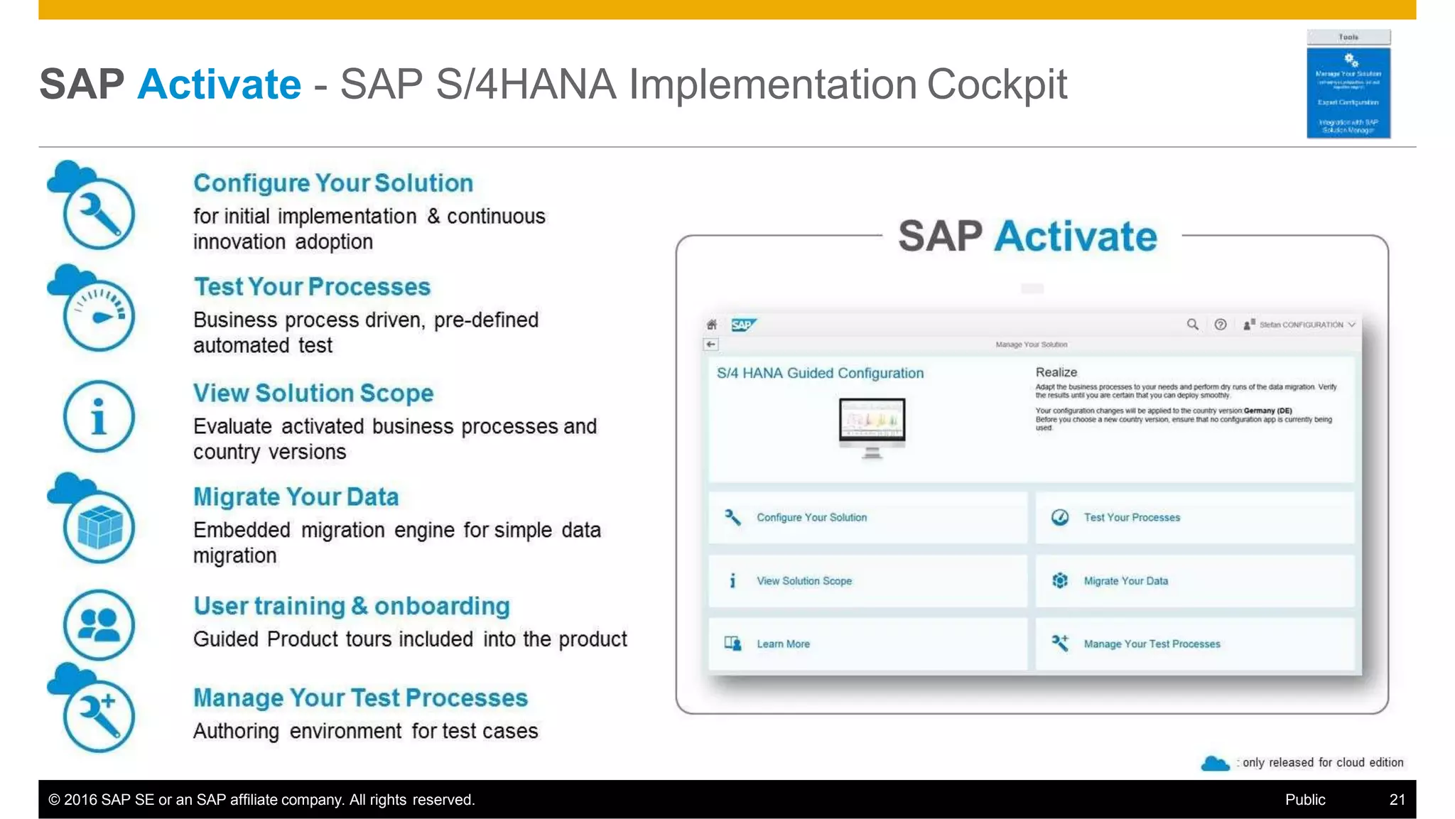 SAP Activate - SAP S/4HANA Implementation Cockpit
© 2016 SAP SE or an SAP affiliate company. All rights reserved. Public 21
 